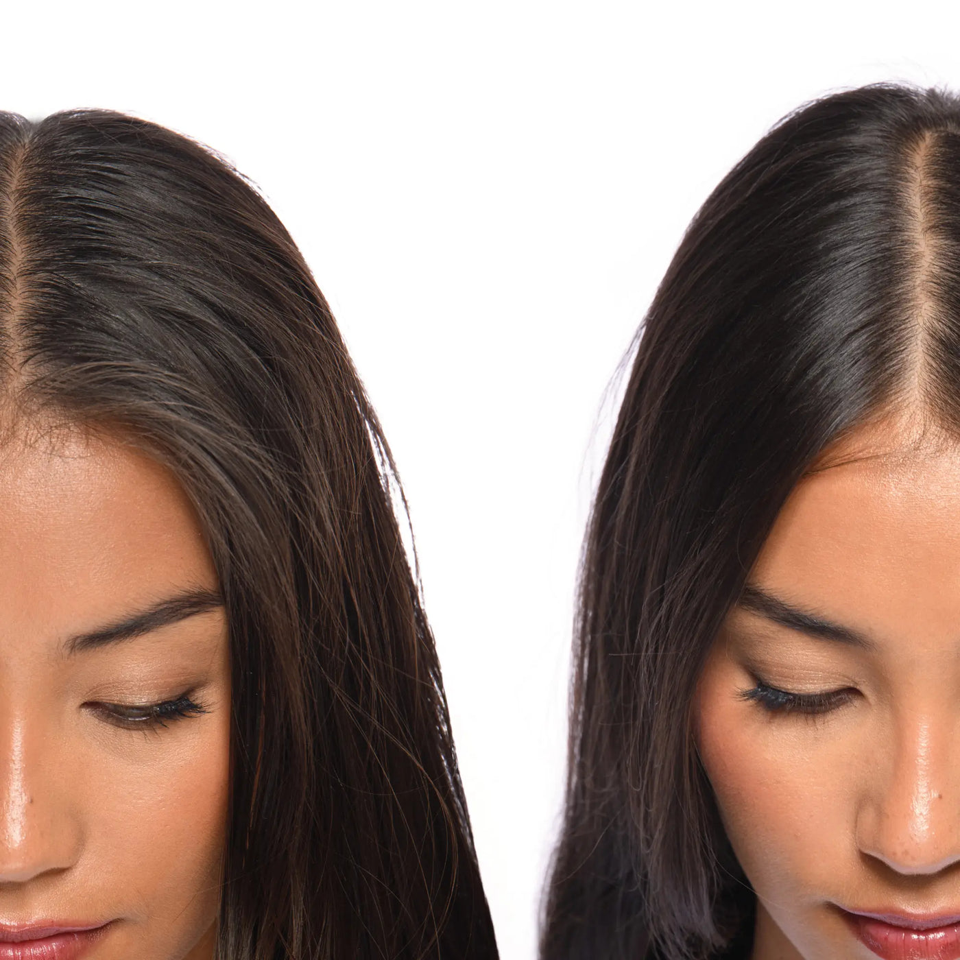 Model showing hair results before and after Voduz products – from dull to glossy and smooth