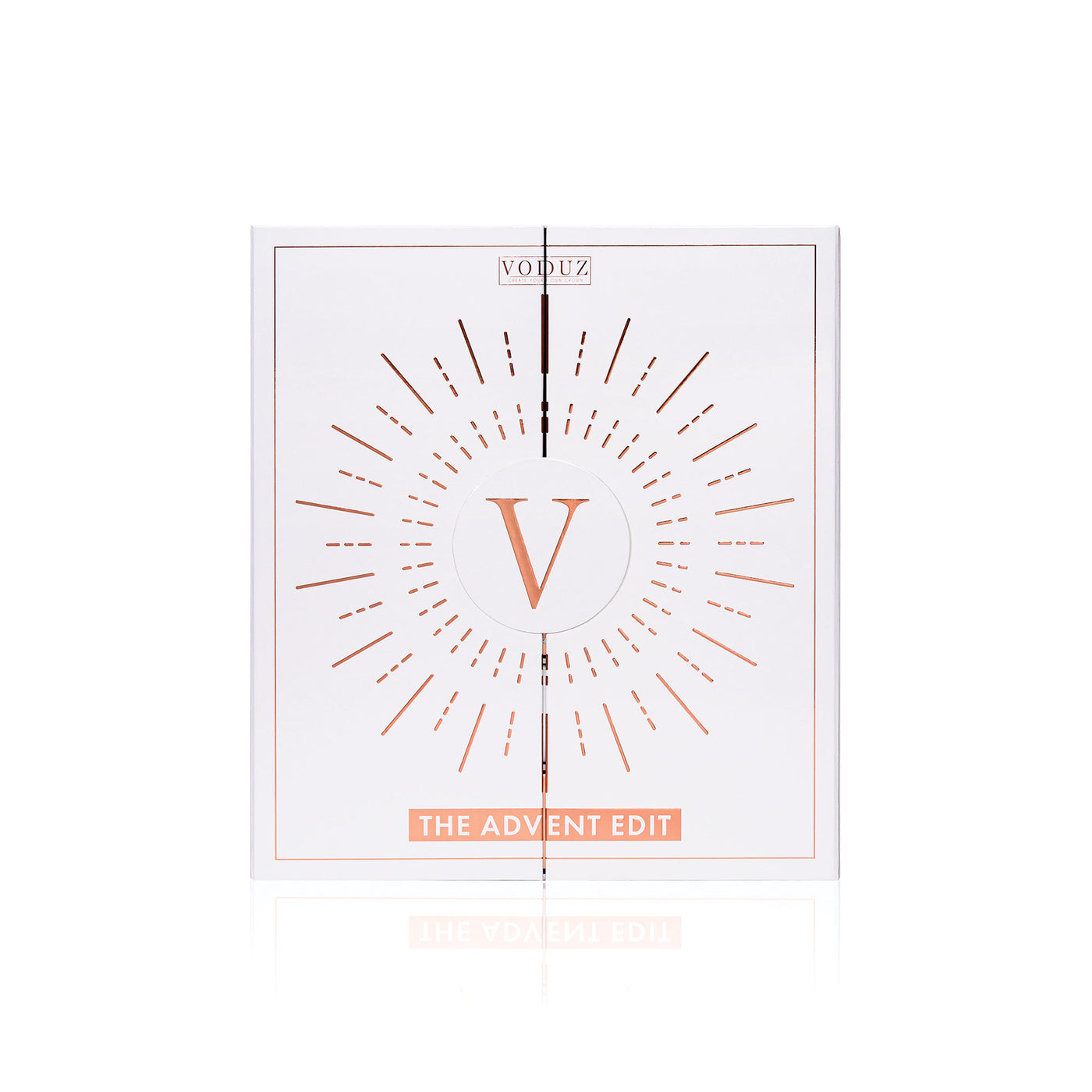 Voduz 2025 advent calendar packaging with rose gold accents on a white background