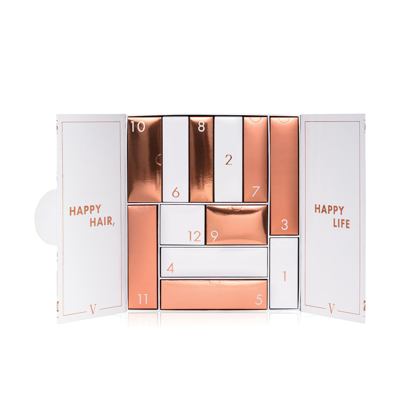 Voduz 2025 advent calendar packaging opened showing the 12 days of christmas with rose gold accents on a white background
