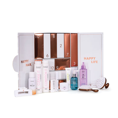 Voduz 2025 advent calendar packaging opened showing included products and the 12 days of christmas with rose gold accents on a white background