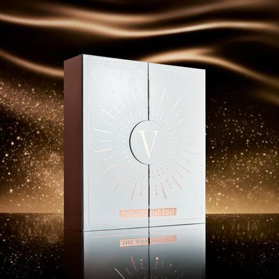 Voduz 2025 advent calendar packaging with rose gold accents on a white background