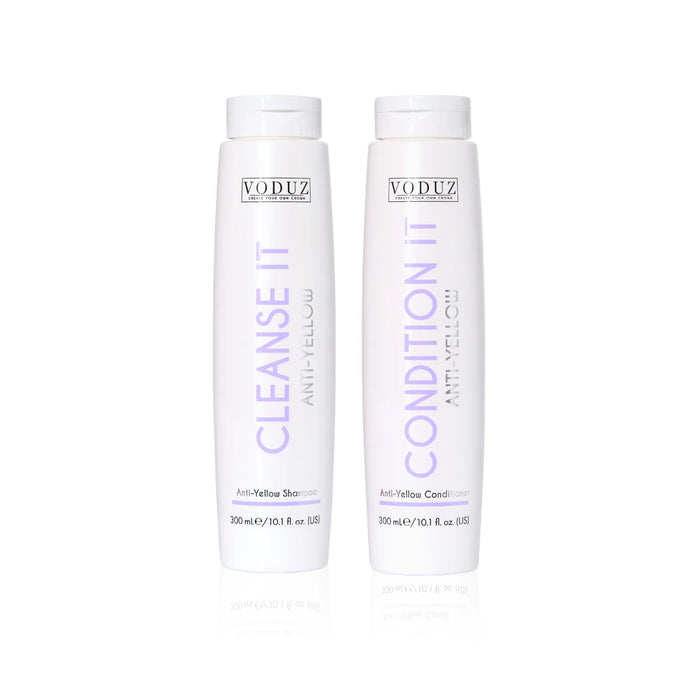 Two VODUZ hair care bottles, one labeled 'Cleanse It' and the other 'Condition It', on a white background.