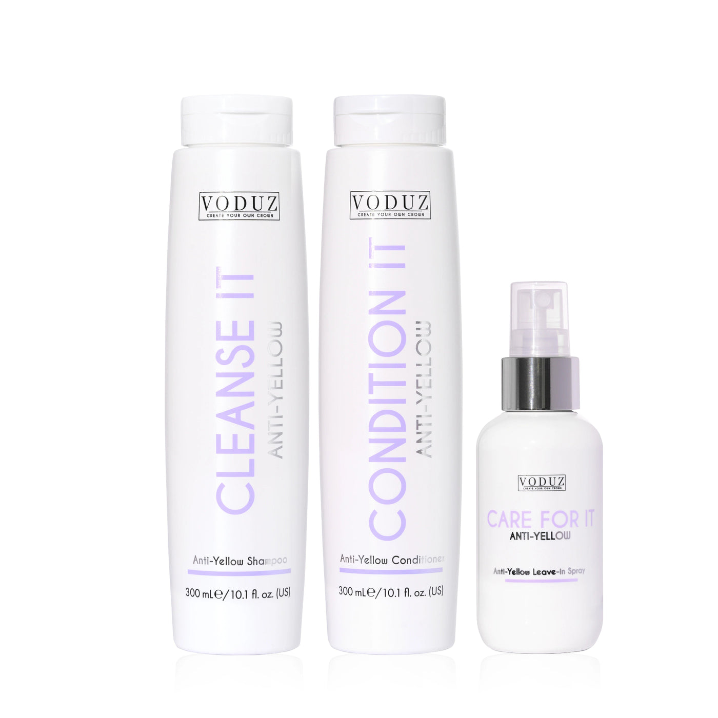 Voduz Anti-Yellow 'Purple Shampoo' hair care product set including Cleanse It, Condition It, and Care For Me on a white background