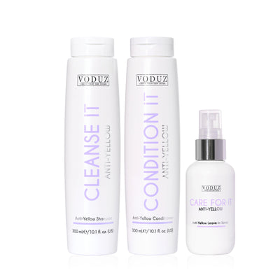 Voduz Anti-Yellow 'Purple Shampoo' hair care product set including Cleanse It, Condition It, and Care For Me on a white background