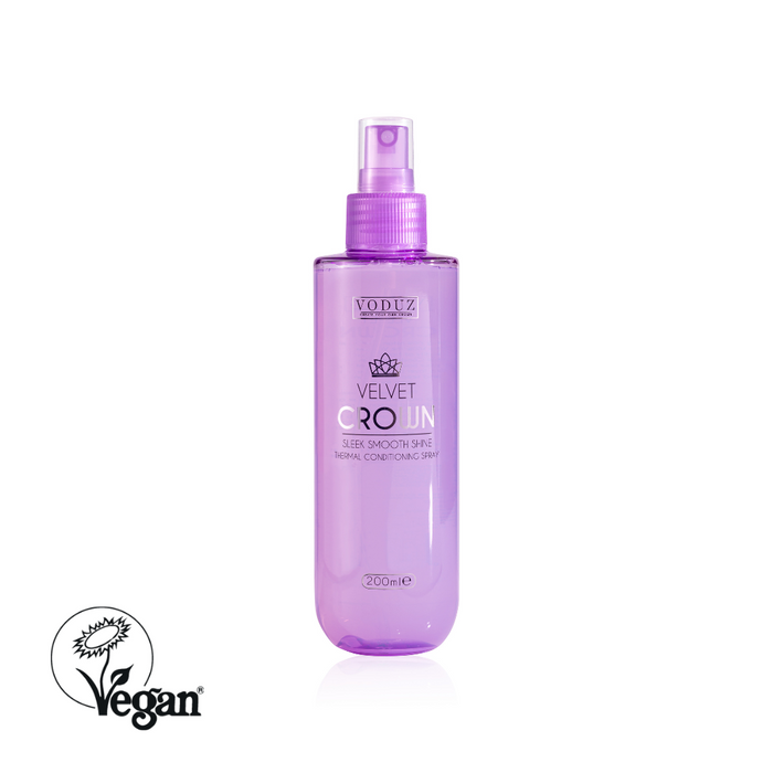 Voduz Velvet Crown Thermal Conditioning Heat Protection hair product spray bottle on a white background with vegan logo.