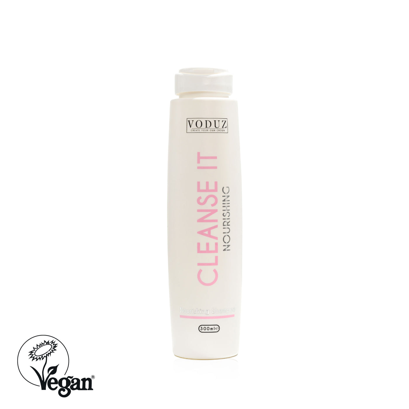 VODUZ 'Cleanse It' nourishing bottle on a white background with a vegan logo.