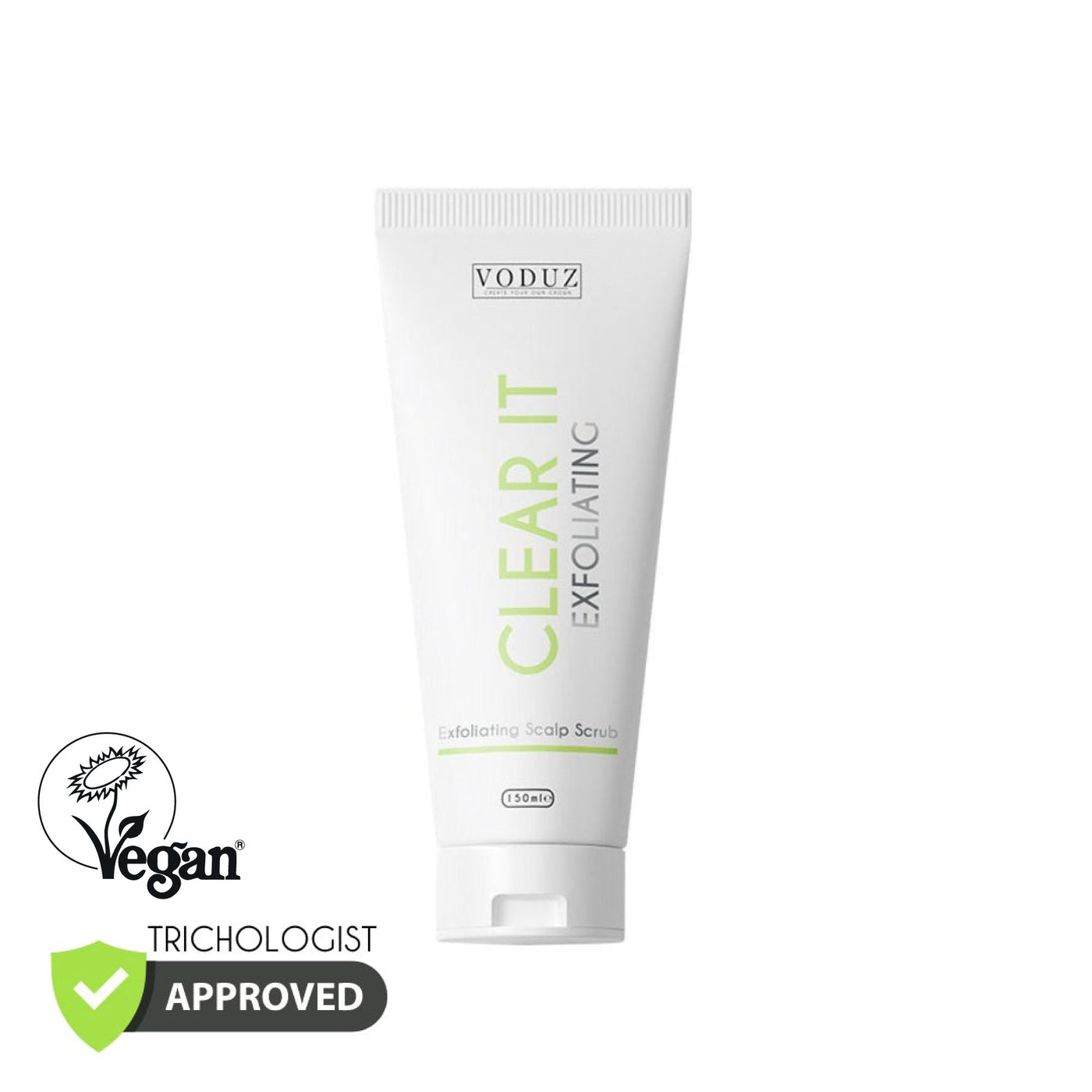 Voduz Clear It Exfoliating product with vegan and trichologist approved labels on a white background
