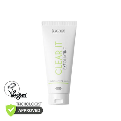 Voduz Clear It Exfoliating product with vegan and trichologist approved labels on a white background