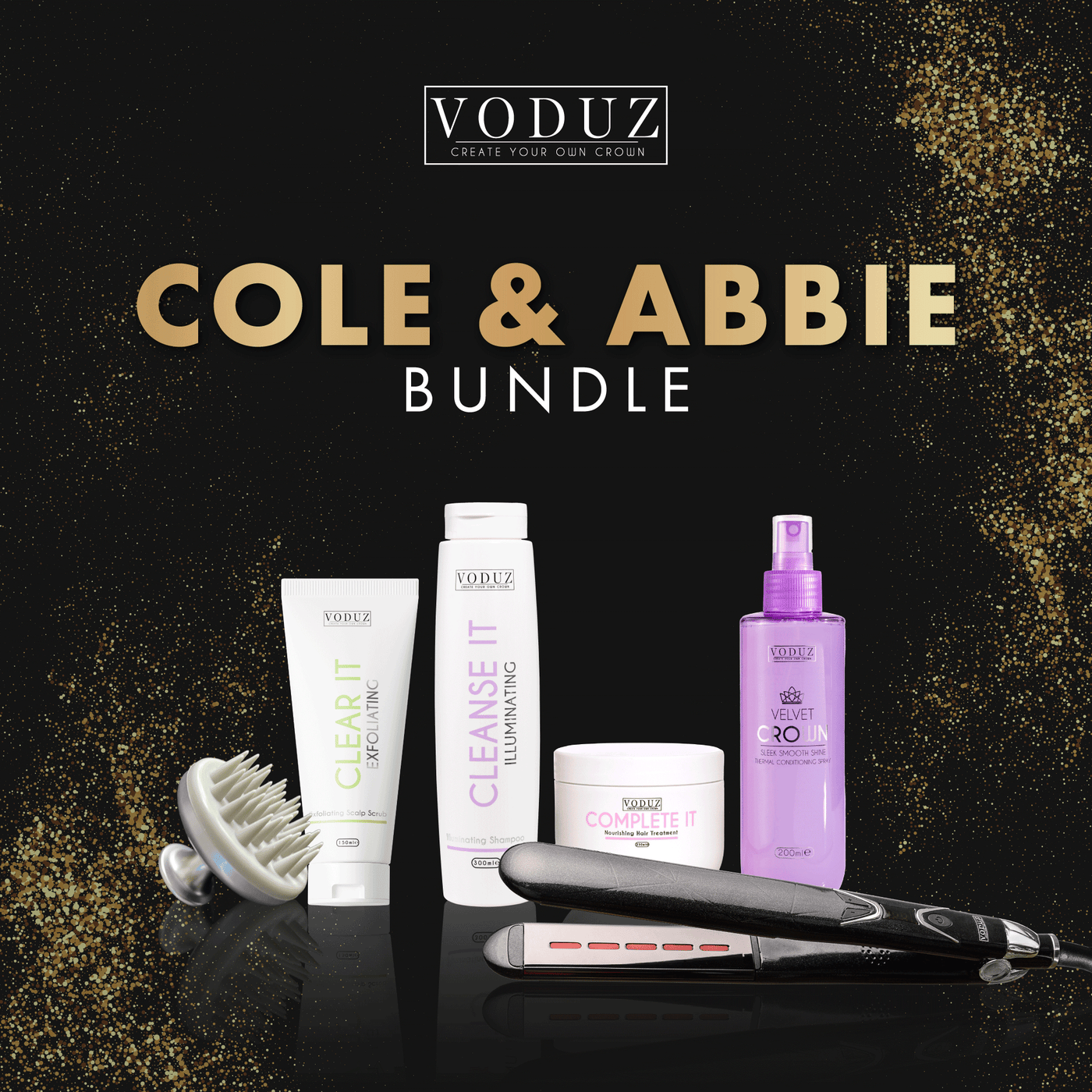 Voduz hair care products including bottles, tubes, and a straightener on a black background with 'Cole & Abbie Bundle' text.