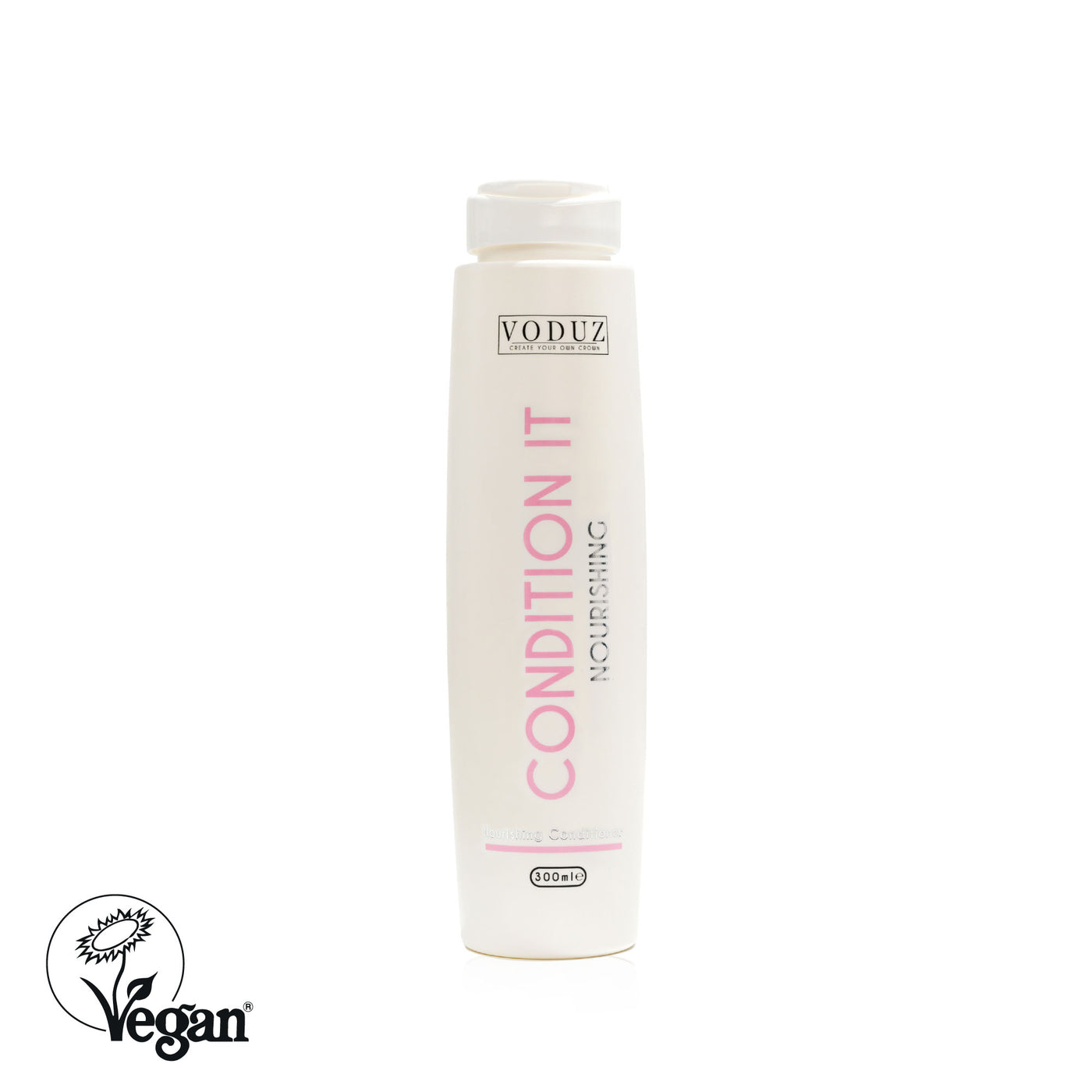 VODUZ Condition It shampoo bottle on a white background with a vegan logo