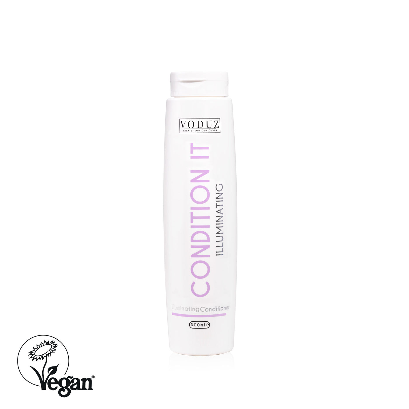 Voduz Condition It Illuminating conditioning bottle on a white background with Vegan logo.