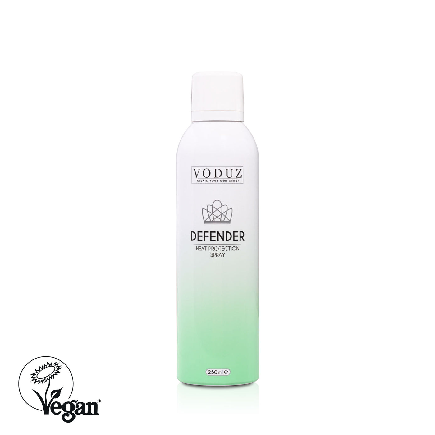 VODUZ Defender heat protection spray bottle with gradient design on a white background and Vegan Approved Logo