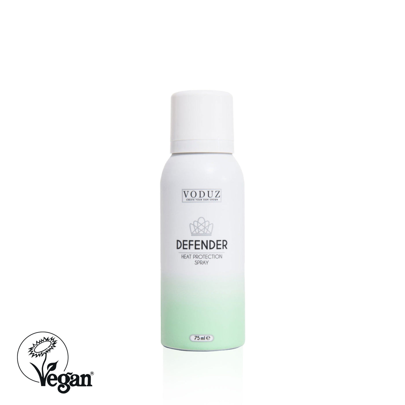 A can of Voduz Defender Heat Protection Spray 75ml, primarily in white and green color, with text and branding with Vegan Society Logo.