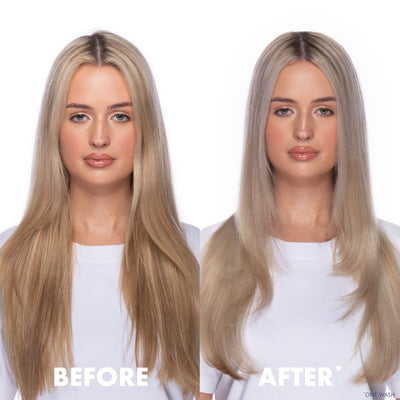 Before and after comparison of a woman with blonde hair showing brassy-reducing affects of anti yellow shampoo on a white background