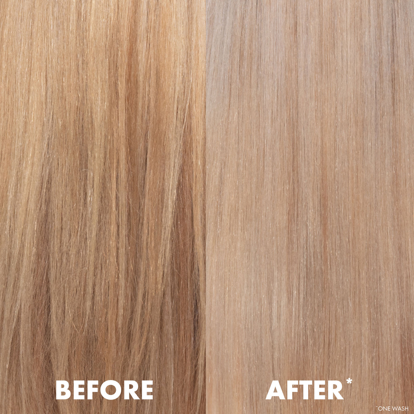 Before and after comparison of blonde hair showing brassy-reducing affects of anti yellow shampoo on a white background