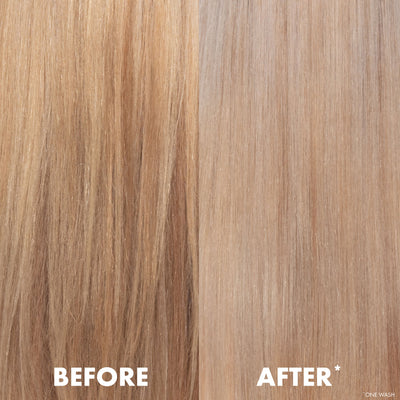 Before and after comparison of blonde hair showing brassy-reducing affects of anti yellow shampoo on a white background