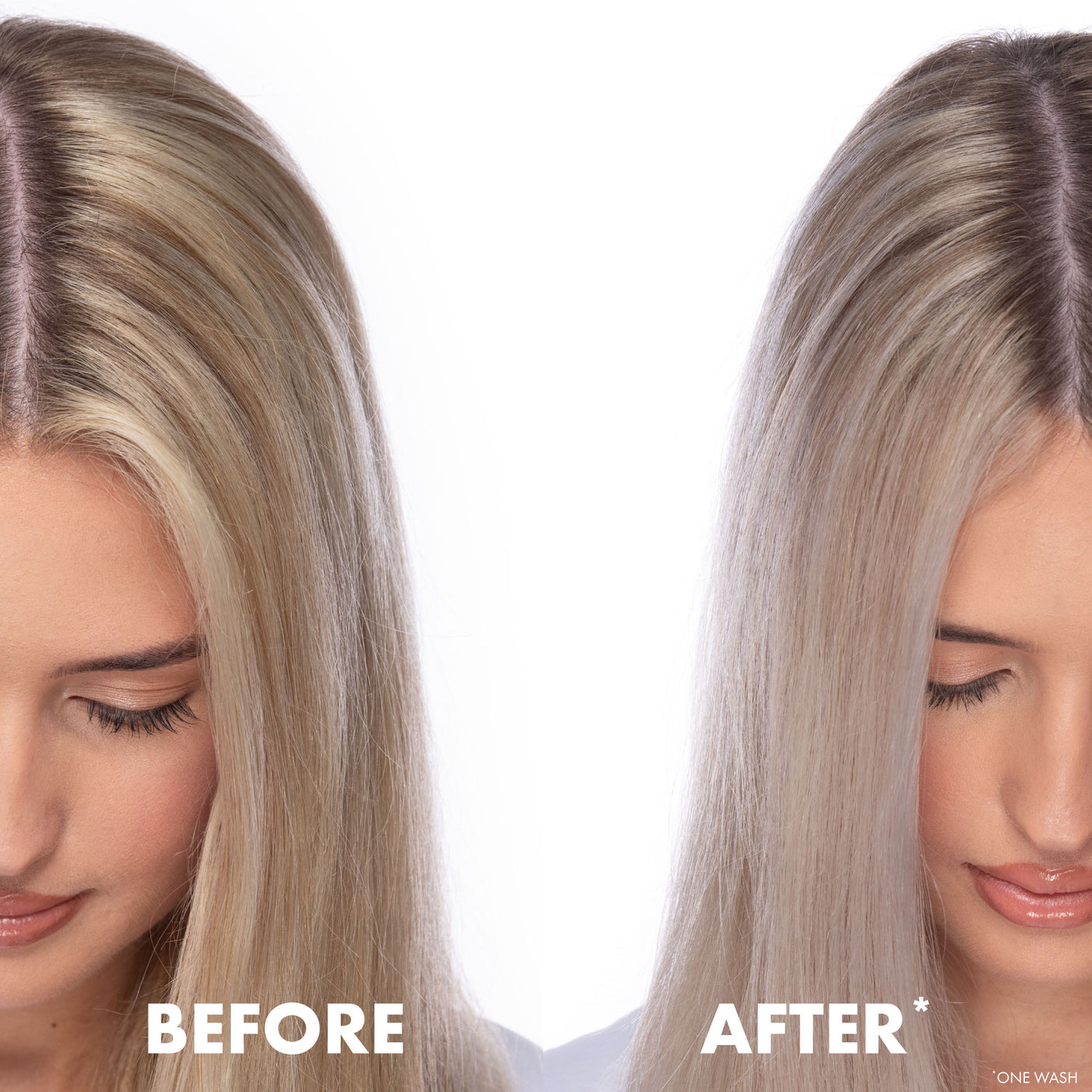 Before and after comparison of a woman with blonde hair showing brassy-reducing affects of anti yellow shampoo on a white background