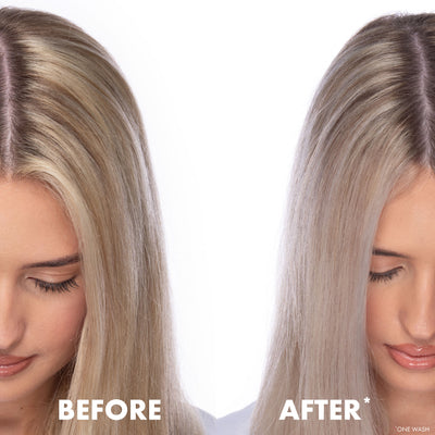 Before and after comparison of a woman with blonde hair showing brassy-reducing affects of anti yellow shampoo on a white background