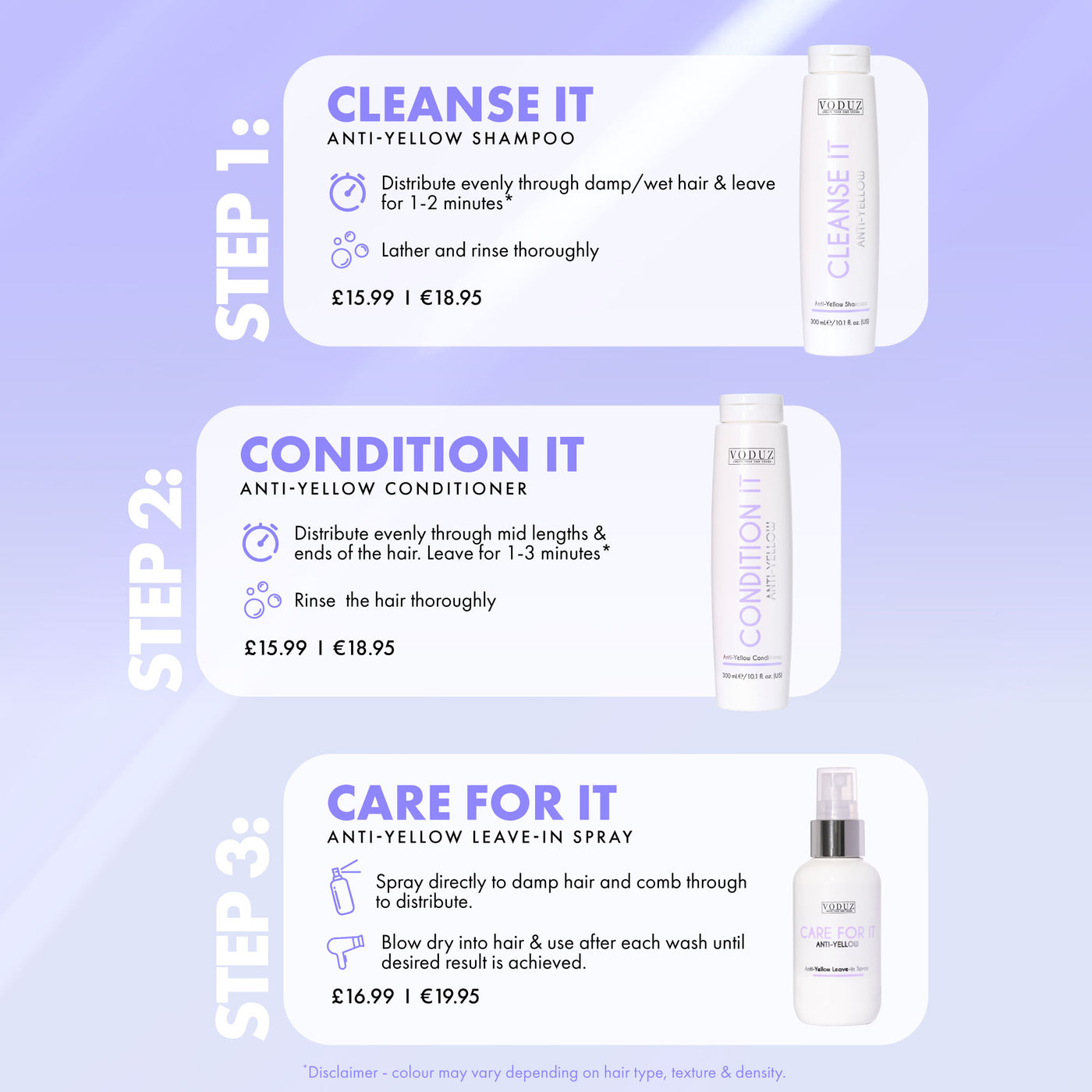 Anti-yellow hair care 'how to use' product set with shampoo, conditioner, and leave-in spray on a light purple background.