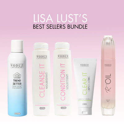 Voduz hair care products with 'Lisa Lust's Best Sellers Bundle' text on a pink background