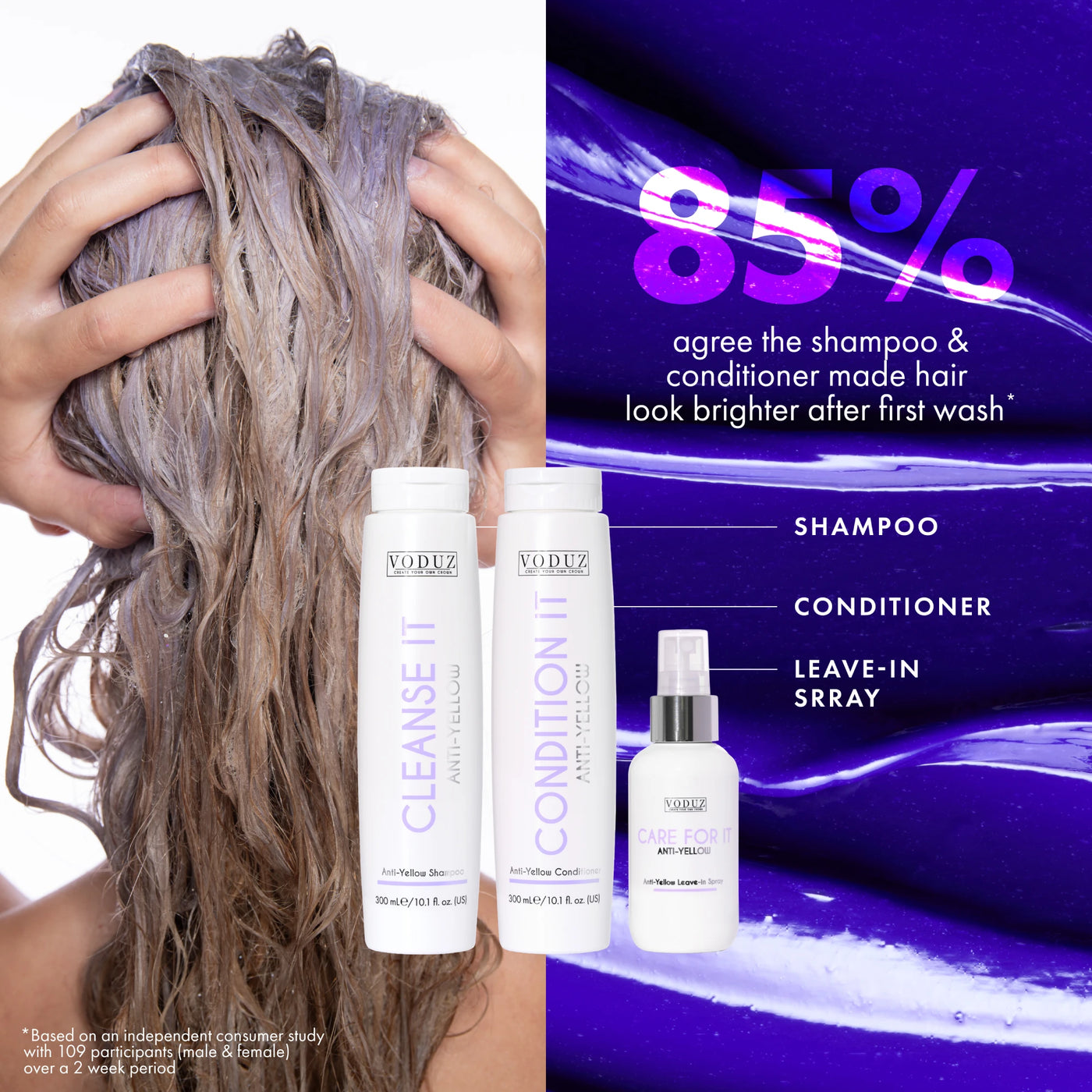 Voduz hair care product set with shampoo, conditioner, and leave-in spray on a purple background.