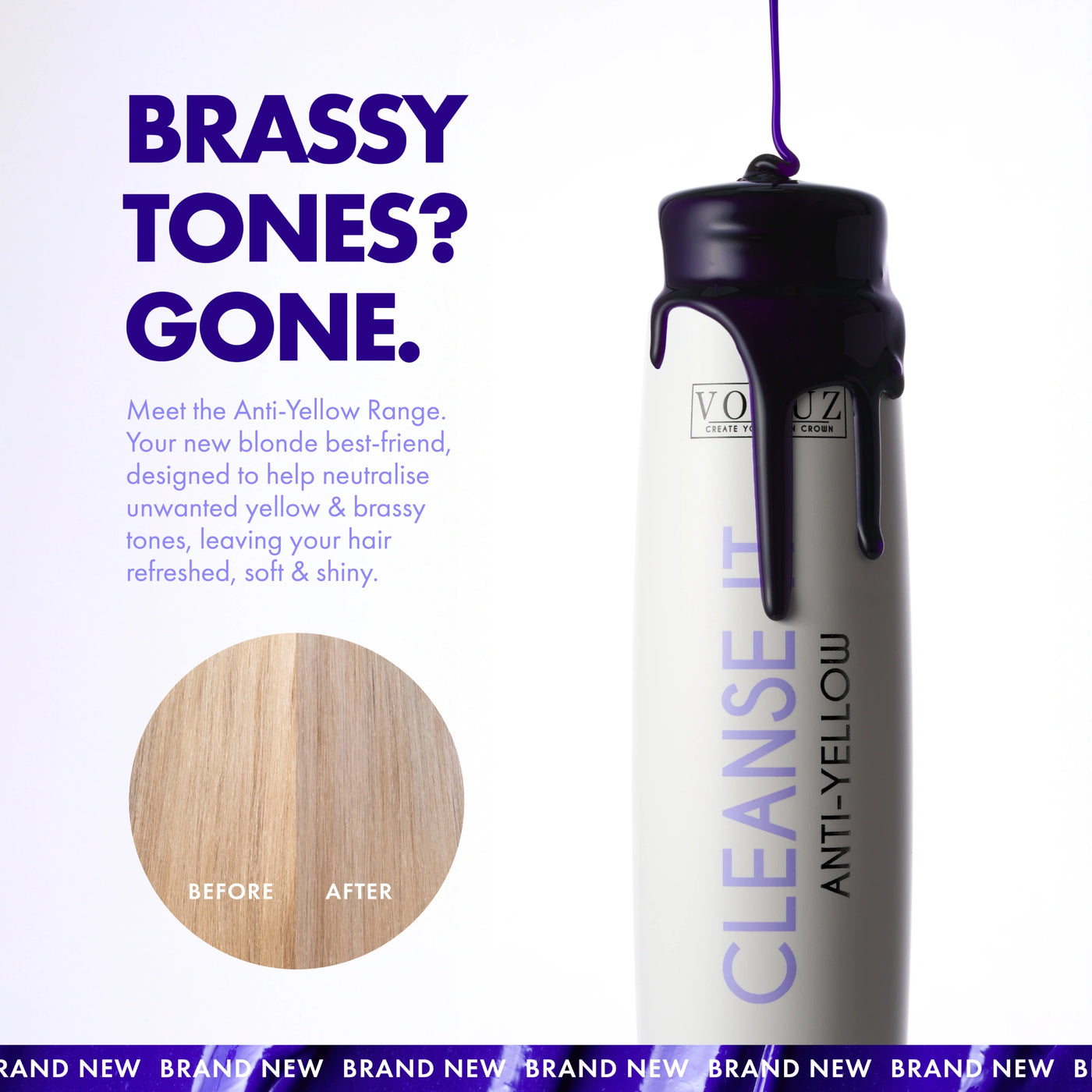 Anti-Yellow Purple Shampoo bottle with text about neutralising brassy tones on blonde hair, featuring a before and after comparison.