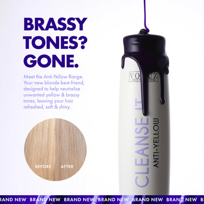 Anti-Yellow Purple Shampoo bottle with text about neutralising brassy tones on blonde hair, featuring a before and after comparison.