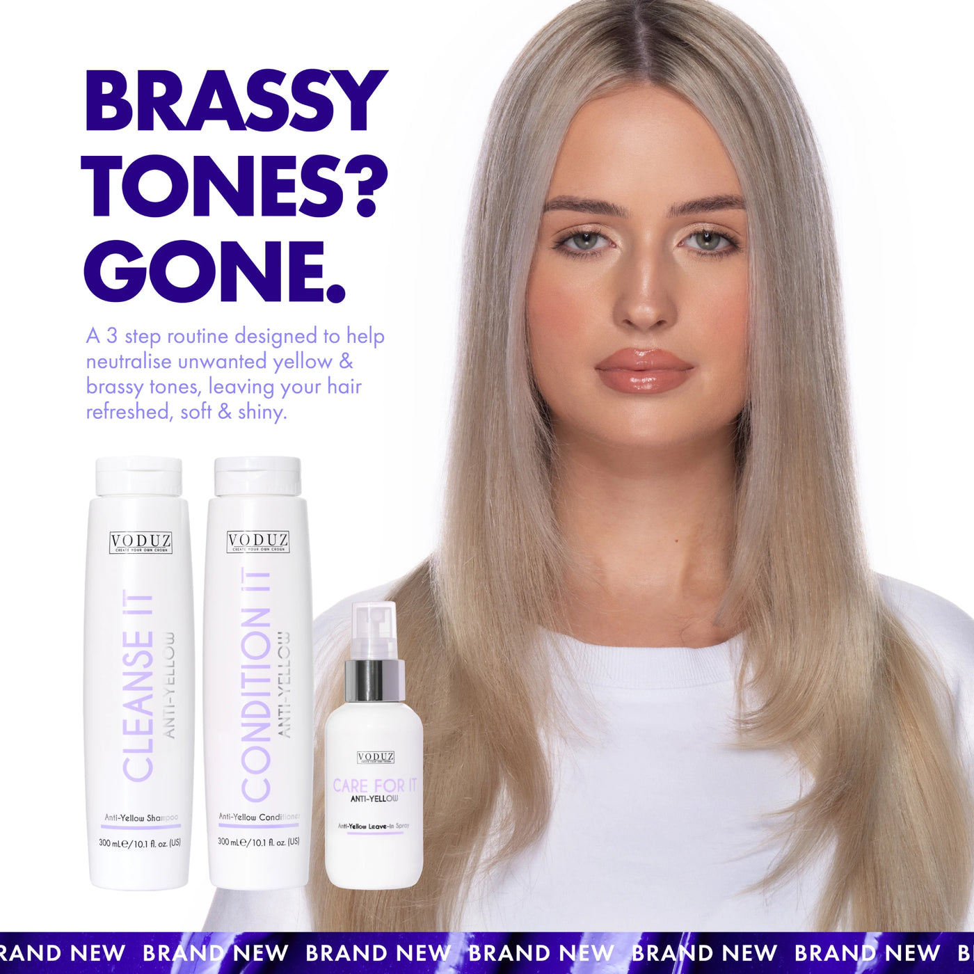 Woman with blonde hair and Voduz Anti-Yellow hair care products on a white background