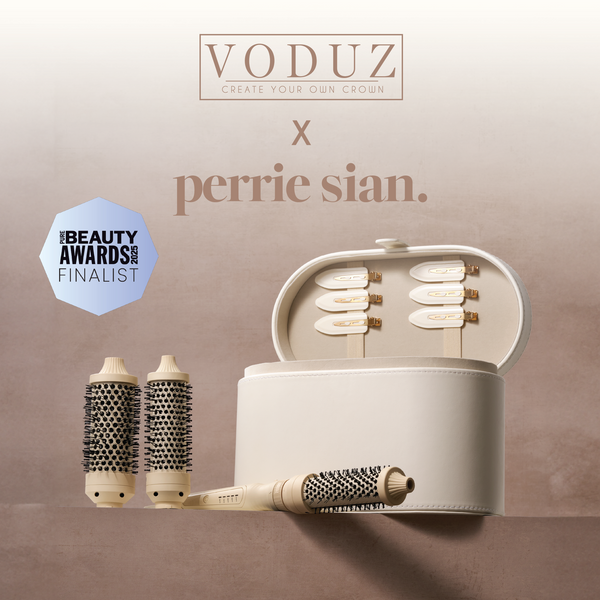 Voduz hair styling tool set with 'perrie sian' branding with a 'PURE UK BEAUTY AWARDS 2025 FINALIST' Awards Badge.