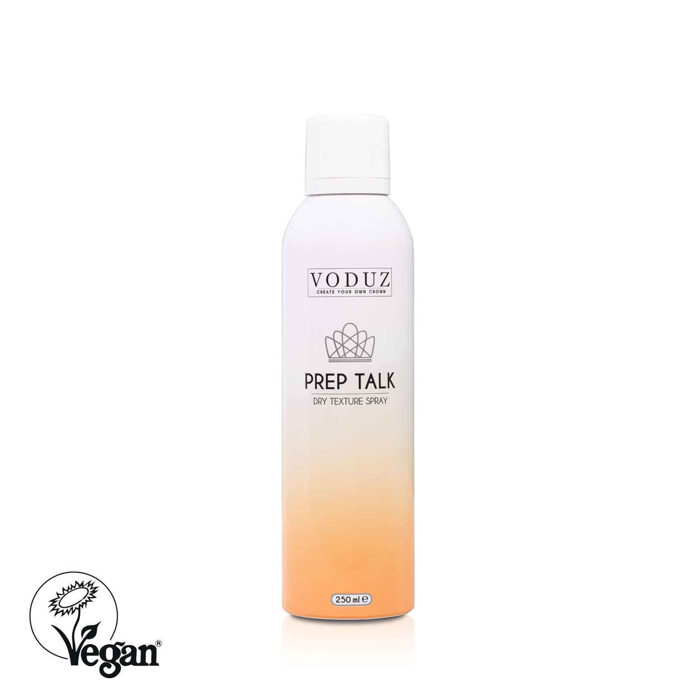 A can of Voduz Prep Talk Dry Texture Spray with a white and orange design, indicating a volume of 250ml with Vegan Society Logo.