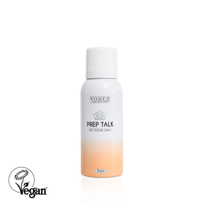A can of 'Prep Talk' Dry Texture Spray by VODUZ with a white and peach color scheme against a white background with Vegan Society Logo.