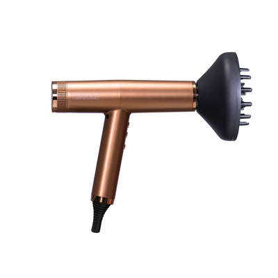 Bronze Voduz Blow Out Pro hair dryer with black nozzle attachment on a white background