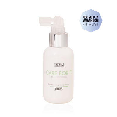 White bottle with silver pump labeled 'Care For It' by Voduz, on a white background with a with a 'PURE UK BEAUTY AWARDS 2025 FINALIST' Awards Badge.