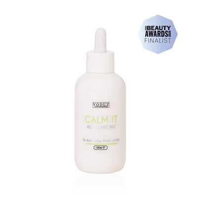 Voduz Calm It Balancing Lotion bottle on a white background with a 'PURE UK BEAUTY AWARDS 2025 FINALIST' Awards Badge.