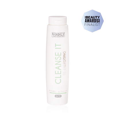 Voduz Cleanse It bottle on a white background with a 'PURE UK BEAUTY AWARDS 2025 FINALIST' Awards Badge.