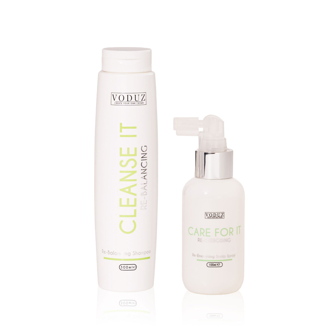 'Cleanse It' Re-Balancing Shampoo (300ml) and 'Care For It' Re-Energising Scalp Spray (100ml) hair care products against a white background.