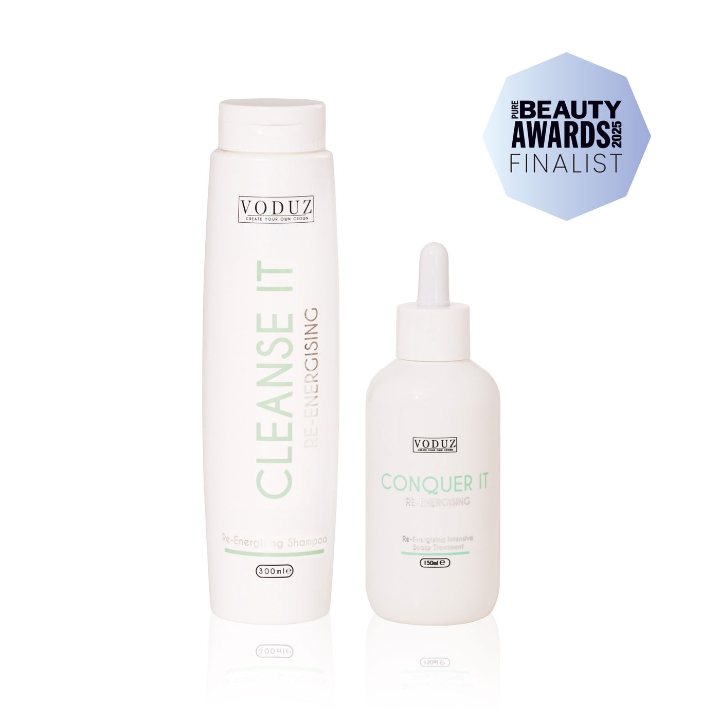 Two Voduz skincare products, 'Cleanse It' and 'Conquer It', on a white background with a Beauty Awards finalist badge.