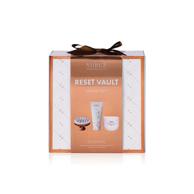 Voduz hair care christmas bundle product set with 'Reset Vault' packaging on a white background