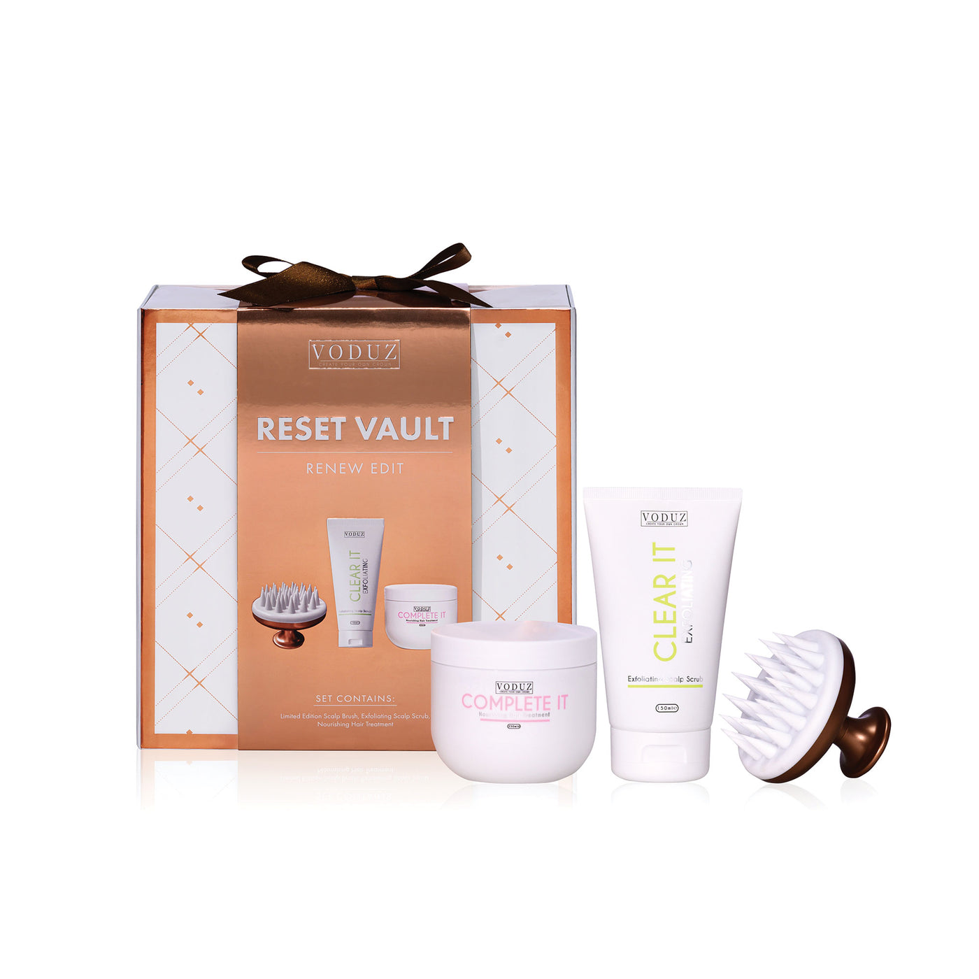 Voduz hair care christmas bundle product set with 'Reset Vault' packaging on a white background
