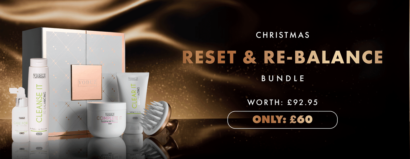 Voduz Hair care bundle with products and promotional text on a dark background