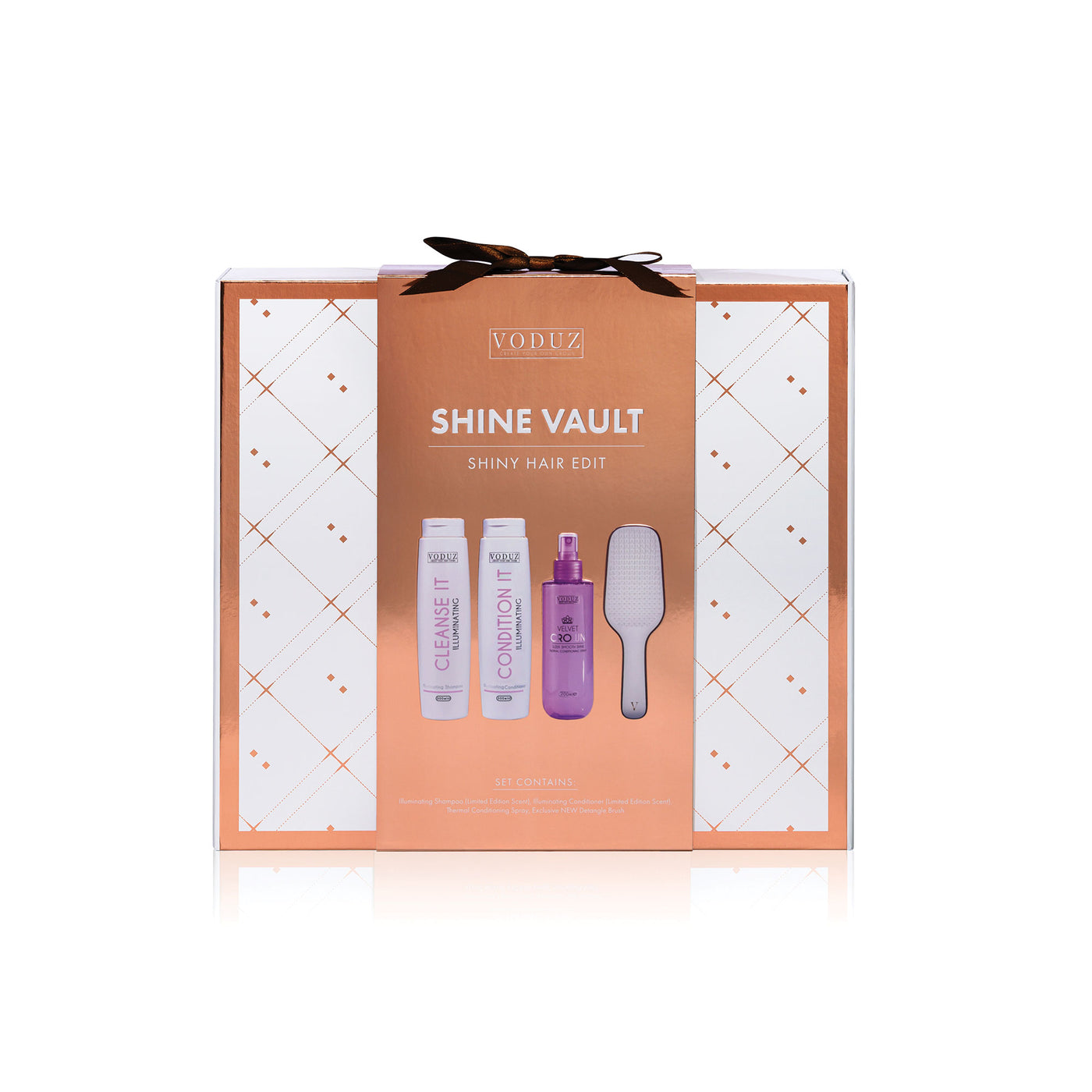 Voduz Shine Vault hair care set packaging on a white background