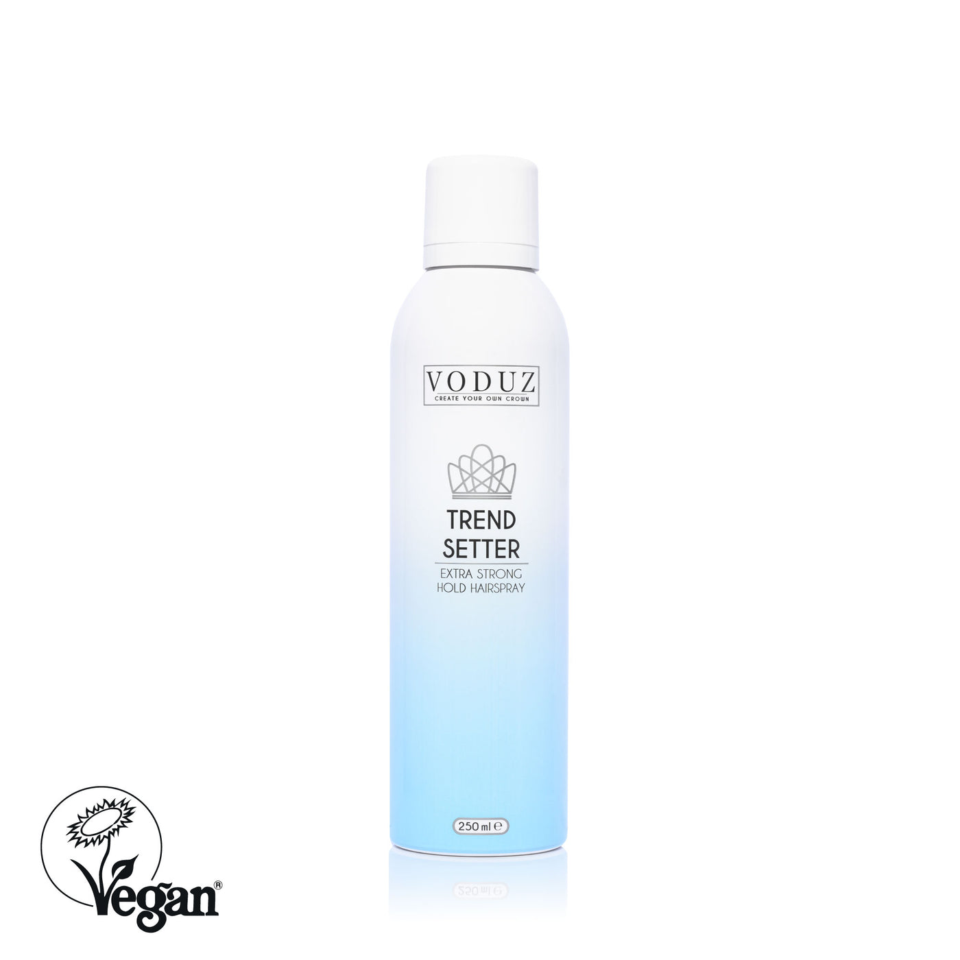 A can of 'Trend Setter' Extra Strong Hold Hairspray by VODUZ with a volume of 250ml with Vegan Society Label.