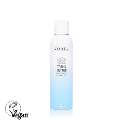 A can of 'Trend Setter' Extra Strong Hold Hairspray by VODUZ with a volume of 250ml with Vegan Society Label.