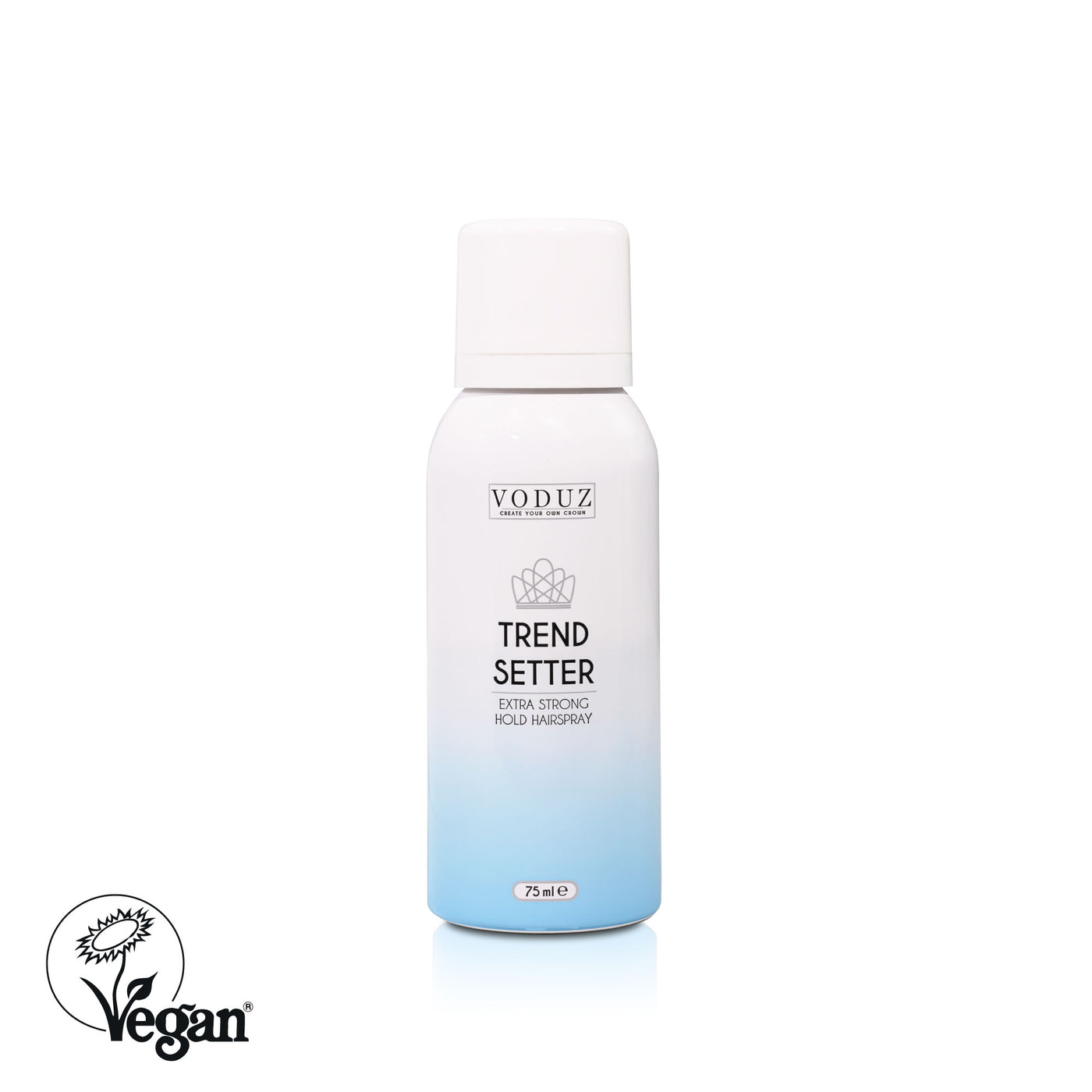 A can of 'Trend Setter' Extra Strong Hold Hairspray by Voduz, showing the product label and branding with Vegan Society Label.