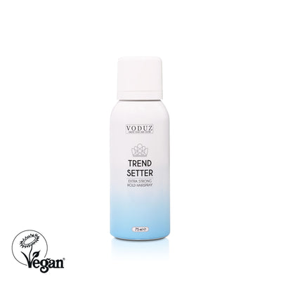 A can of 'Trend Setter' Extra Strong Hold Hairspray by Voduz, showing the product label and branding with Vegan Society Label.