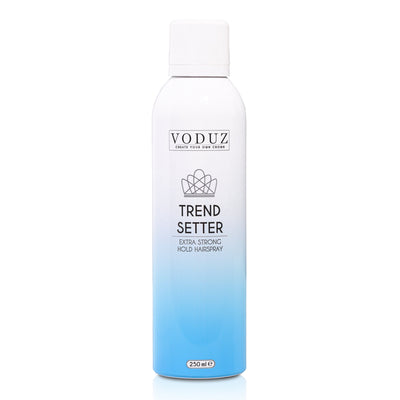 A can of 'Trend Setter' Extra Strong Hold Hairspray by VODUZ with a volume of 250ml 