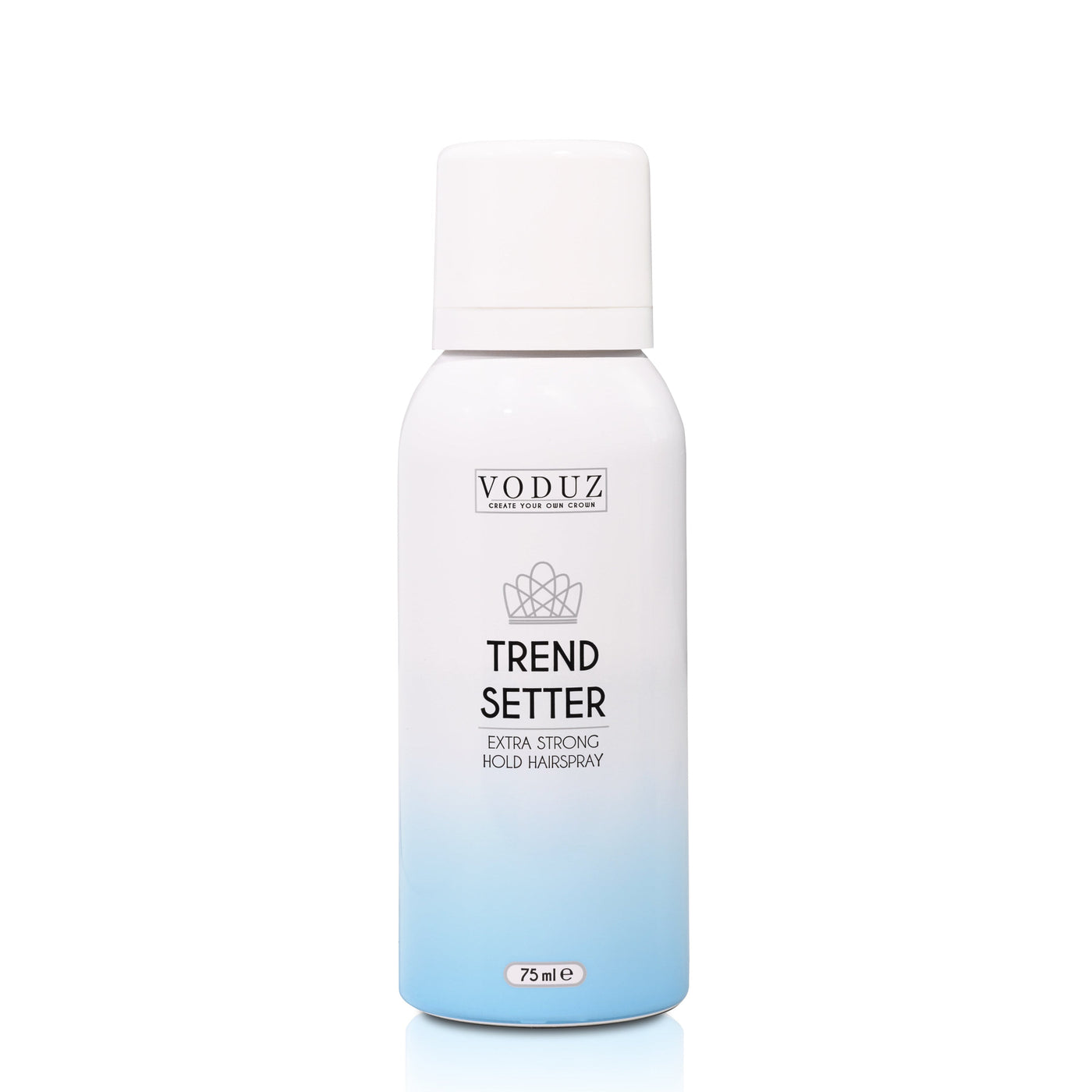 A can of 'Trend Setter' Extra Strong Hold Hairspray by Voduz, showing the product label and branding