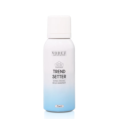 A can of 'Trend Setter' Extra Strong Hold Hairspray by Voduz, showing the product label and branding