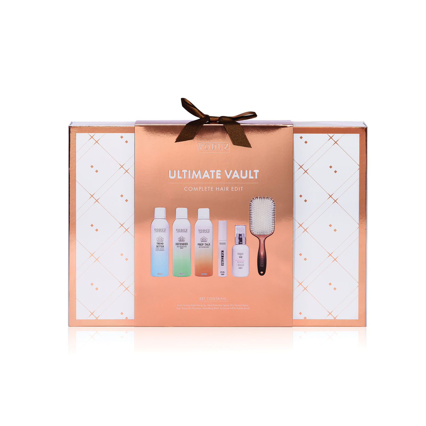 Hair Care Christmas set in a 'Ultimate Vault' box with bottles and a brush on a white background