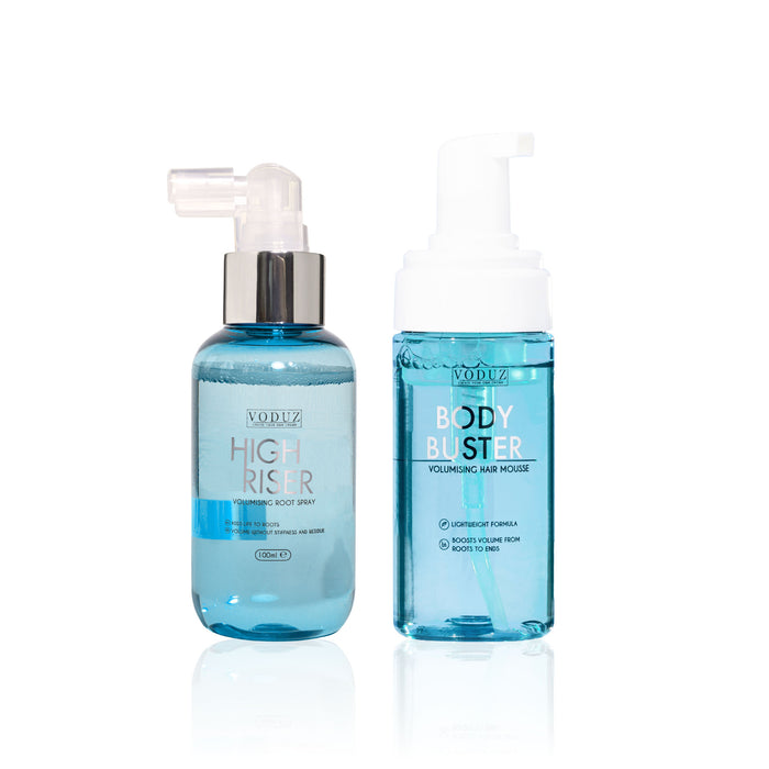 Two Voduz Volumising Hair Care Products - blue hair product bottles labeled 'High Riser' and 'Body Blaster' on a white background.